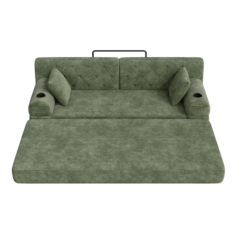 3-Seater Sleeper Sofa with Corduroy High-Back and High-Density Foam, Space-Saving Sofa Bed with 4 Side Pockets, 208L x 80W x 81H cm, Green