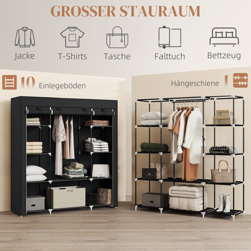 HOMCOM Stoffen Kledingkast van Vlies, Opvouwbare Kast, 1 Kledingstang, 9 Planken, 150 cm x 43 cm x 162,5 cm, Zwart
