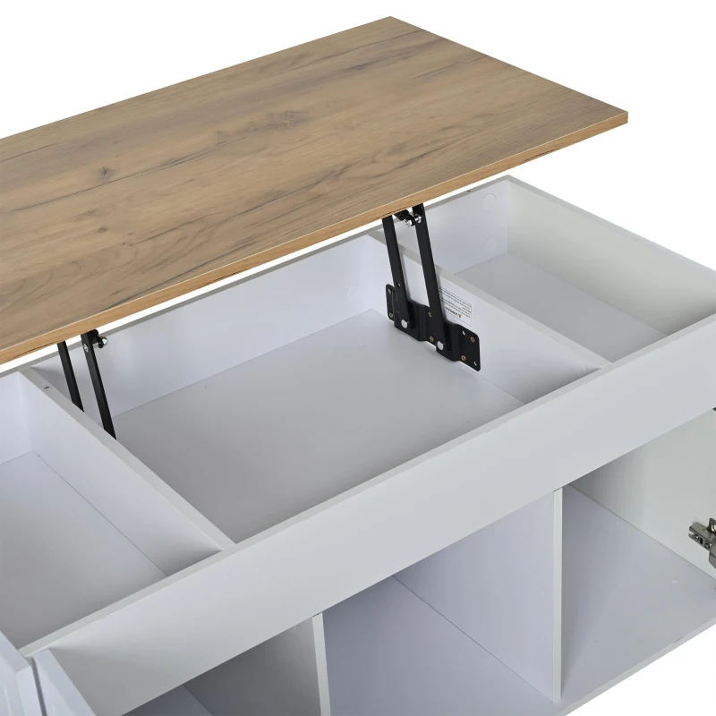 Height-Adjustable Coffee Table with Hydraulic Lift and Divided Shelves, Minimalist Center Table with Rounded Corners, 95L x 46W x 45H cm, White