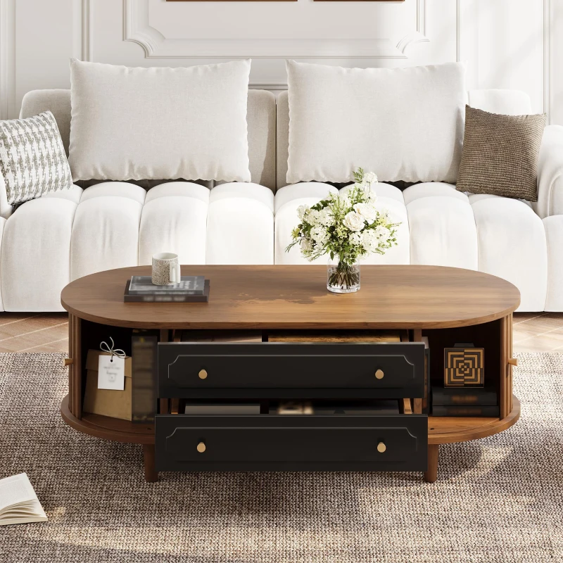 Living Room Coffee Table with 2 Drawers and Roll-Up Door, Minimalist Center Table with 4 Support Legs, 100L x 50W x 36H cm, Walnut