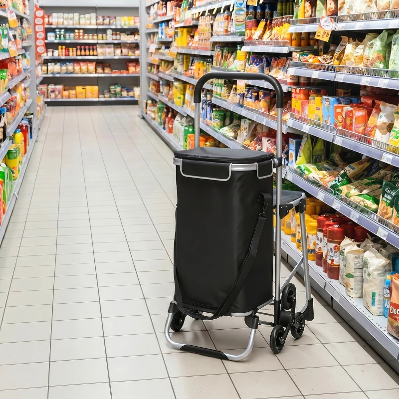 HOMCOM Chariot de courses pliable caddie de courses portable à roulettes avec siège pliable, sac amovible, 46x59,5x97cm, noir