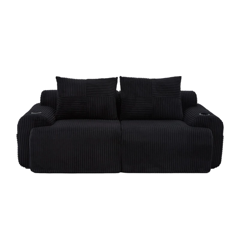 Modular 2-Seater Sofa with Built-In Cup Holder and Side Storage Pocket, Ribbed Corduroy Couch with High-Density Foam, 200L x 99W x 80H cm, Black