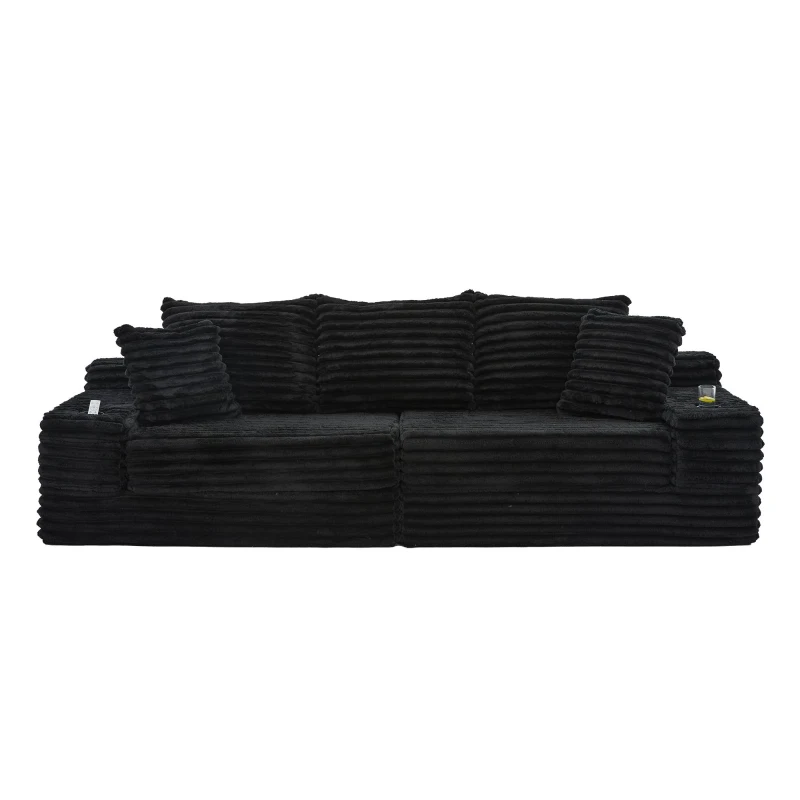 Convertible Sofa Bed with High Backrest and Extra Pillow, Ribbed Corduroy Couch with Dual Side Pockets, 107.5L x 38.5W x 34H cm, Black