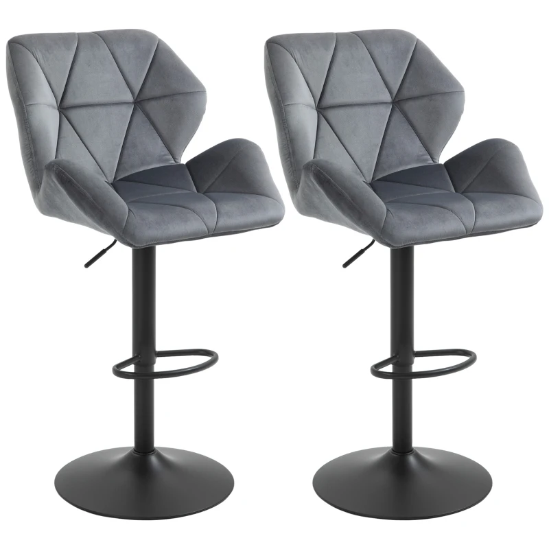 HOMCOM Barkrukken 2-delige set, gestoffeerde barkruk met metalen frame, rugleuning, fluweelachtige look, in hoogte verstelbaar, 360° draaibaar(m-11)