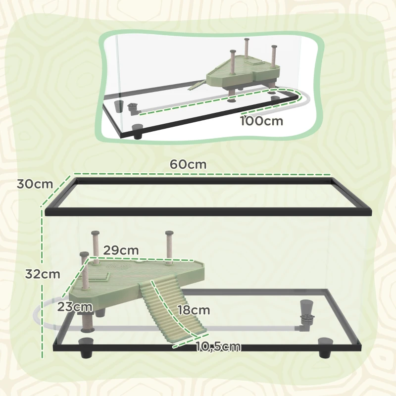 PawHut Schildkröten-Aquarium 50 L Terrarium für kleine Schildkröten mit Plattform, Rampe und Thermometer 60x30x32 cm Transparent