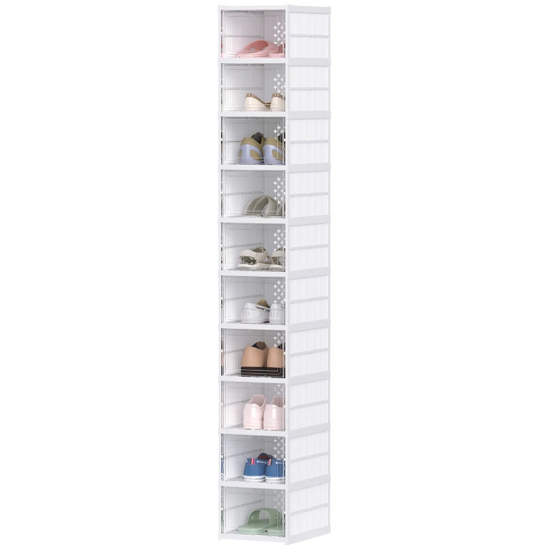 HOMCOM Scarpiera Pieghevole Slim Modulabile con 10 Contenitori per Scarpe, Scarpiera Salvaspazio con Pannello Trasparente, Senza Montaggio, Bianco