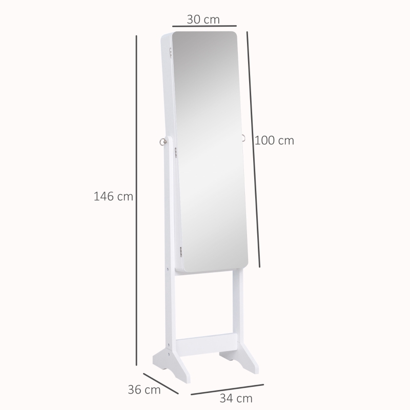 HOMCOM Joyero de Pie con Espejo Armario para Joyas Luces Reclinable Guardajoyas Anillos Pendientes Collares 34x36x146cm Blanco