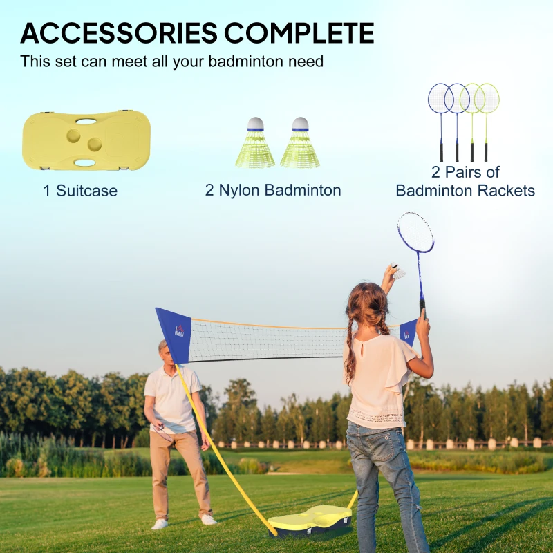HOMCOM 2.8m Portable Folding Badminton Net Set with 4 Badminton Rackets and 2 Nylon Shuttlecocks for Adults Kids Indoor Outdoor