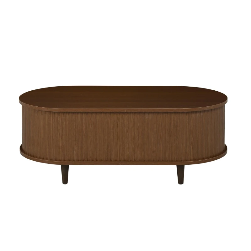 Oval Coffee Table with Sliding Roll-Top Doors, Sturdy Center Table with Two Drawers, 100L X 50W X 36H cm, Walnut