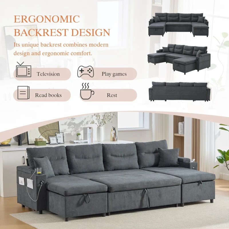 Contemporary 4-Seater Sofa with 2 Chaise Longues, Ribbed Corduroy Couch with Built-In Cup Holders, 272L x 136W x 86H cm, Charcoal grey