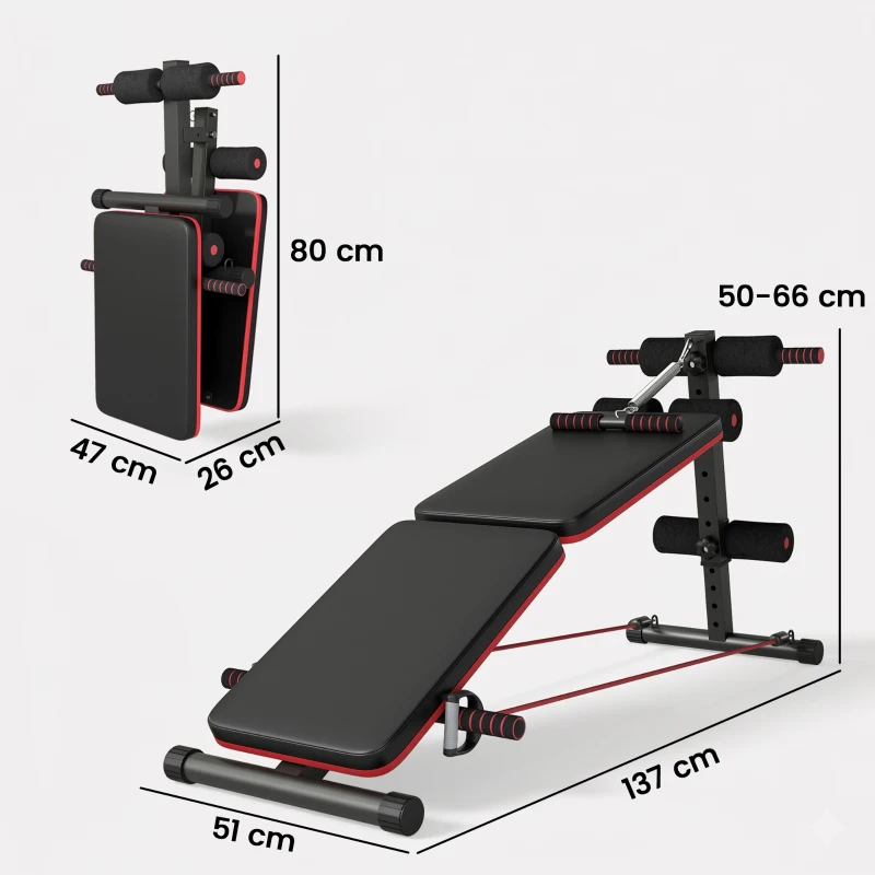 HOMCOM Panca per Addominali Pieghevole e Regolabile con Vogatore e 2 Corde, in Acciaio 51x137x50-66 cm, Nera e Rossa