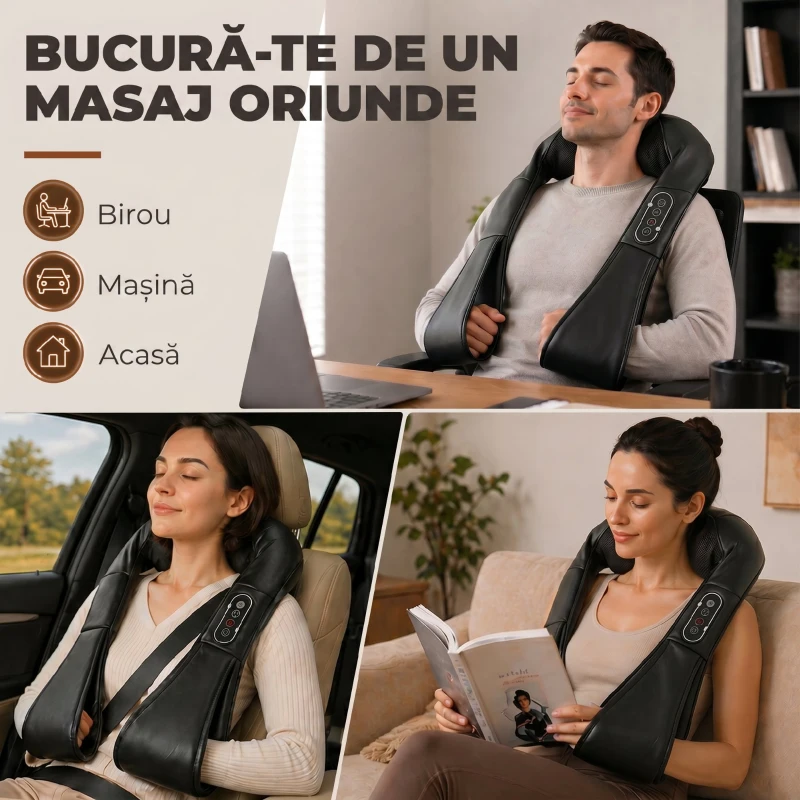 HOMCOM Masajer Cervical cu Încălzire pentru Spate, Gât și Umeri, Schimbare Automată a Direcției, Negru