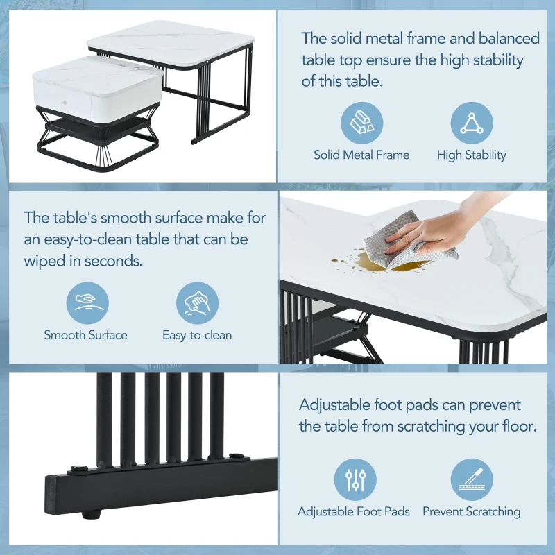 Nesting Coffee Table Set with Open Storage Shelf, Space-Saving Center Table Set with MDF Tops, 70L x 70W x 45H cm, White+Black