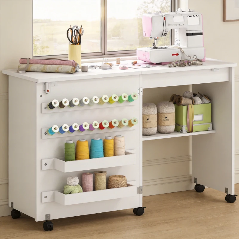 HOMCOM Folding Sewing Table, Rolling Craft Table with Storage compartments, Shelf and Lockable Casters for Small Spaces, White