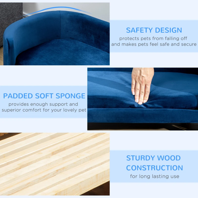PawHut Hundesofa Hundebett aus holländischem Samt Hundecouch mit Rückenlehne, Holzbeine, Kissen Blau