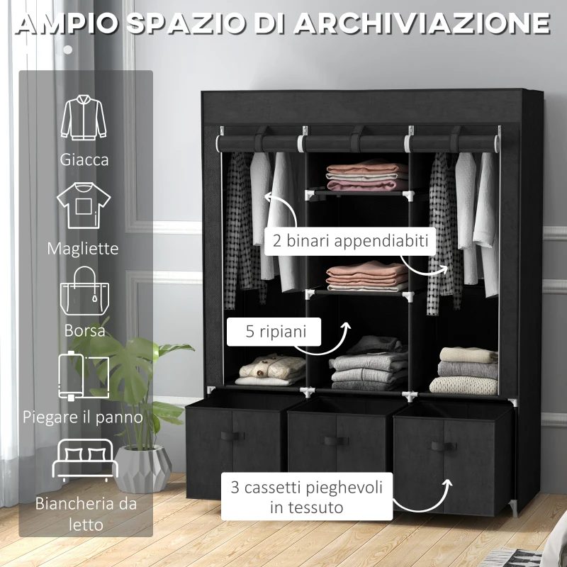 HOMCOM Armadio in Tessuto Guardaroba Pieghevole Salvaspazio 125x43x162.5cm Nero