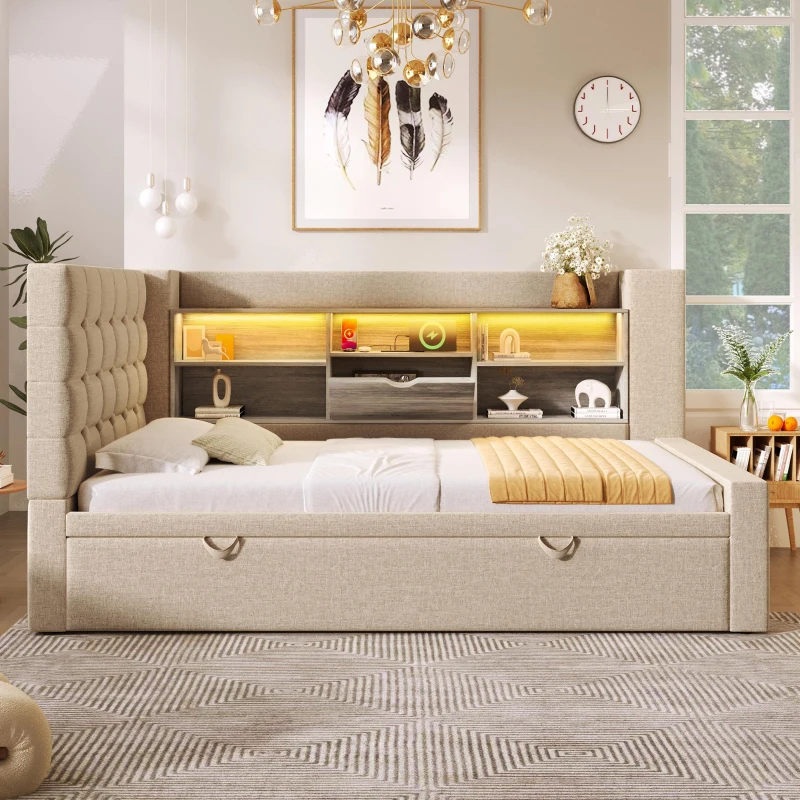 Convertible Daybed Trundle with Clever Storage and Sturdy Frame, Breathable Linen Sofa Bed with Integrated Charging, 204L x 107W x 88H cm, Beige