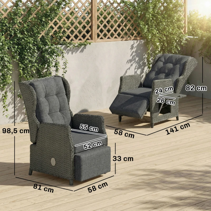 Outsunny Rattanstuhl mit Klapptisch, Liegestuhl Gartenstuhl Verstellbare Rückenlehne und Fußstütze 81 x 58 x 98,5 cm Dunkelgrau