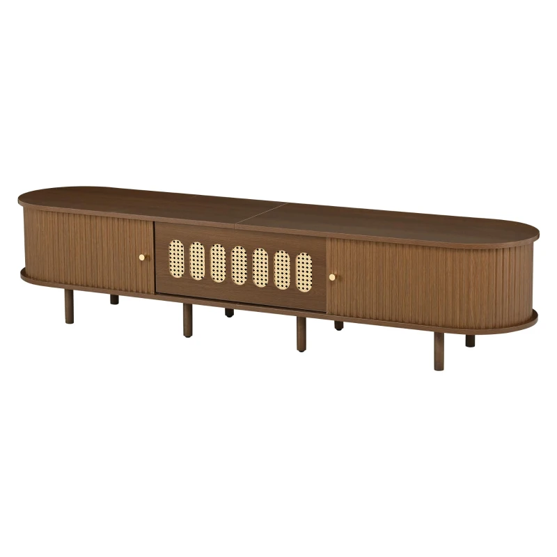 Oval TV Unit with Rattan-Effect Hinged Door, Sturdy Lowboard with 5 Enclosed Compartments, 180L x 40W x 40H cm, Walnut