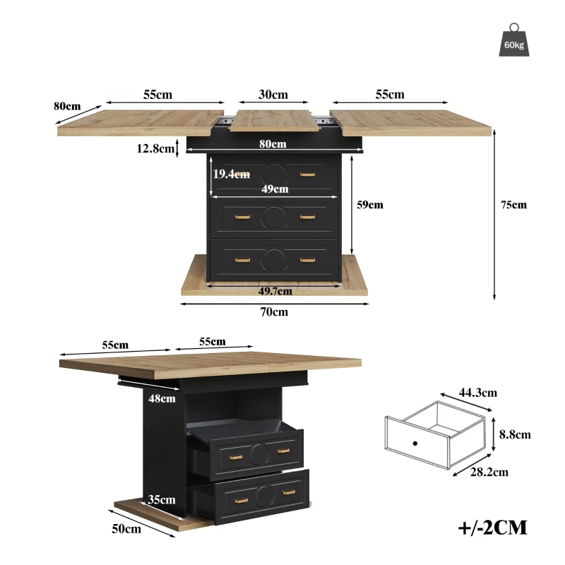 Extendable Dining Table with Wood-Grain High-Density MDF Top, Telescopic Kitchen Table with 2 Drawers, 110L x 80W x 75H cm, Black