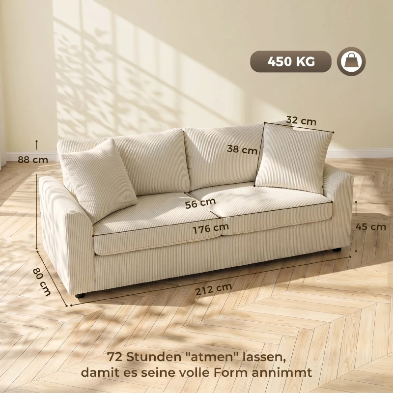 HOMCOM 3-Zitsbank met Sierkussens, Corduroy Sofa voor Woonkamer, Slaapkamer, 212 cm Breed, Crèmewit(m-3)