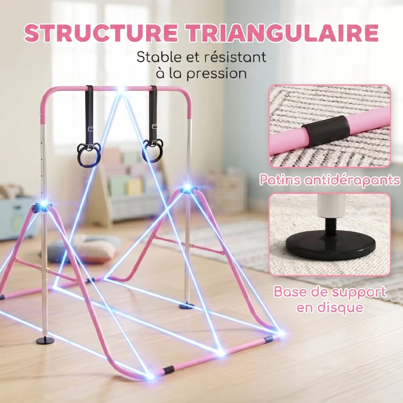 HOMCOM Barre de gymnastique pour enfants, barre horizontale pliable à hauteur réglable avec anneaux de gymnastique, rose