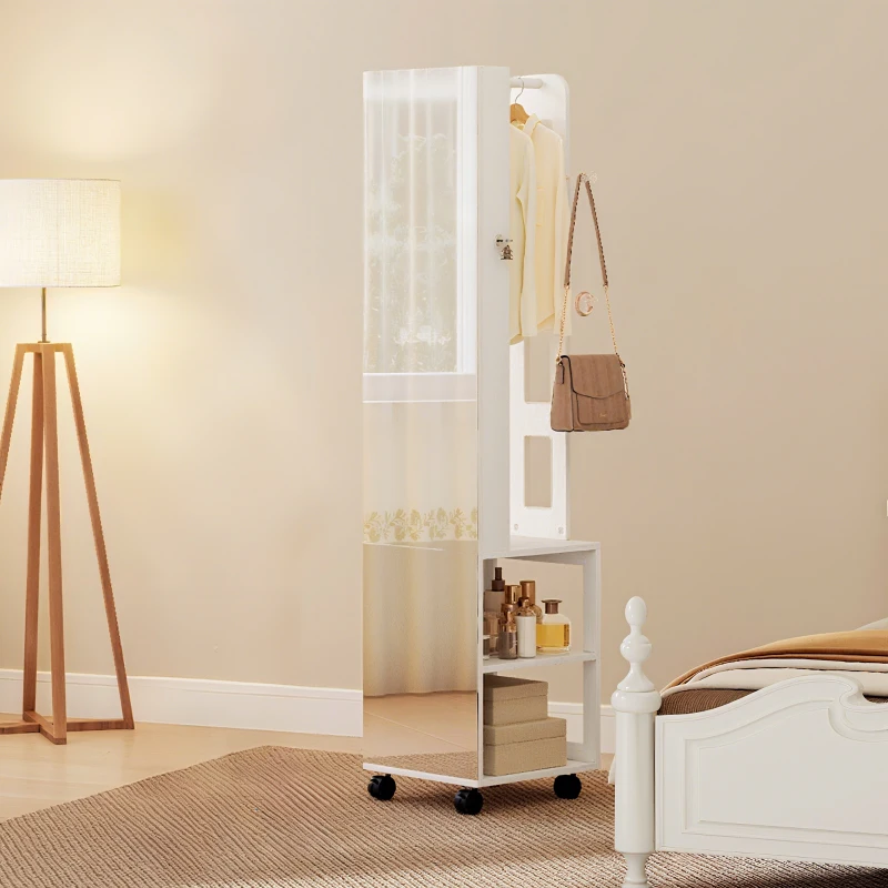HOMCOM Espejo Joyero con Luces LED Armario para Joyas de Giro de 360° Cerradura y Llaves Superficie Blanco y Forro Beige
