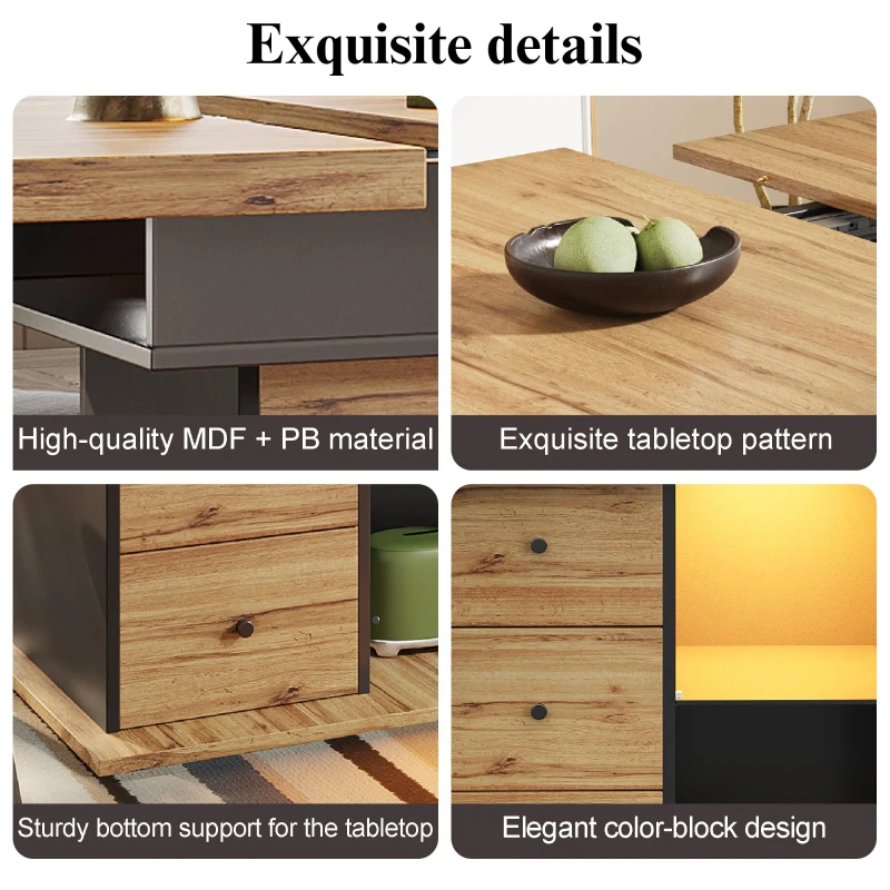 Telescopic Dining Table with App-Controlled LED Lighting, Modern Extension Table with Built-In Storage, 140L x 80W x 75H cm, Black+Natural