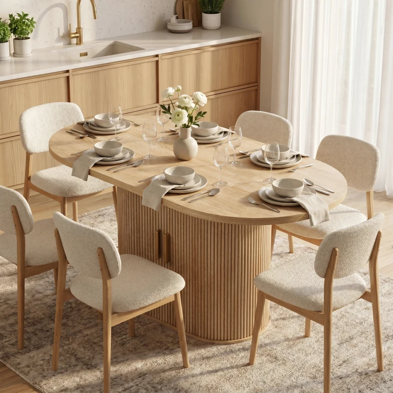 HOMCOM Mesa de Comedor Ovalada para 6 Personas con Tablero Grueso Puertas Correderas Tipo Persiana 6 Compartimentos Roble