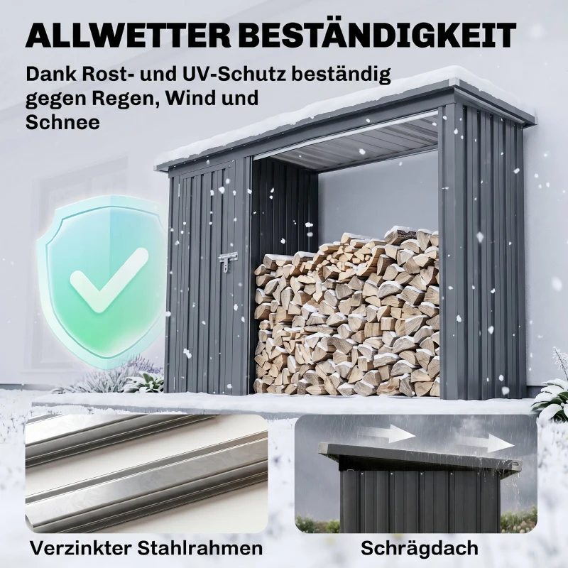 Outsunny 2-in-1 Kaminholzregal Außen verzinkter Stahl 235 x 67 x 149 cm Brennholzregal mit Geräteschrank Schrägdach Dunkelgrau