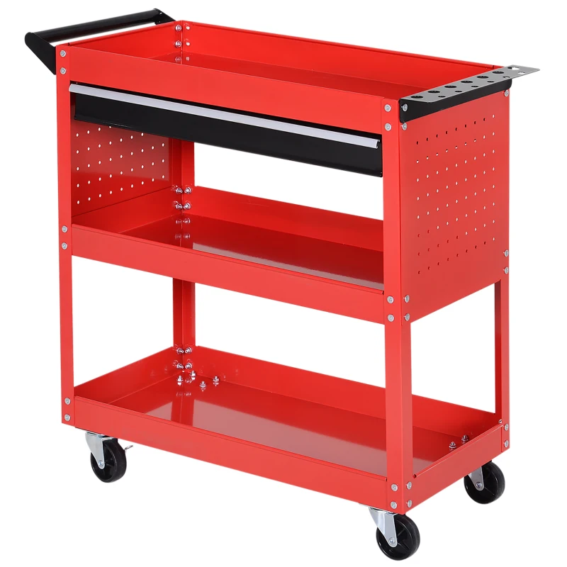 DURHAND Carro de Taller Carro de Herramientas con 3 Bandejas y Cajón Ruedas con Frenos Asa Lateral Panel Lateral Perforado Rojo