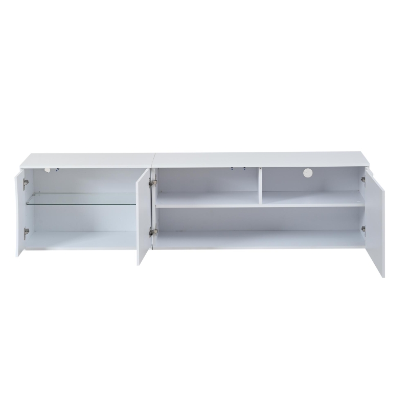 Freestanding TV Cabinet with LED Ambient Lighting and Tempered Glass Display, Modern Lowboard with 3 Doors, 180L x 40W x 45H cm, White