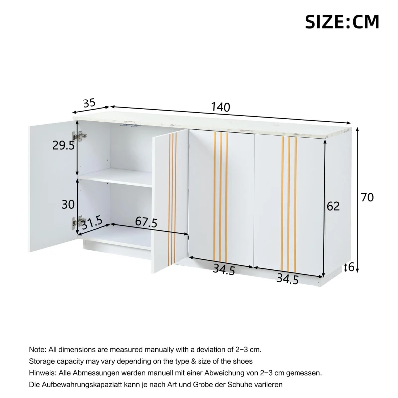 Living Room Sideboard with Elegant Metallic Vertical Lines, Freestanding Storage Cabinet with 4 Doors, 140L x 35W x 70H cm, White