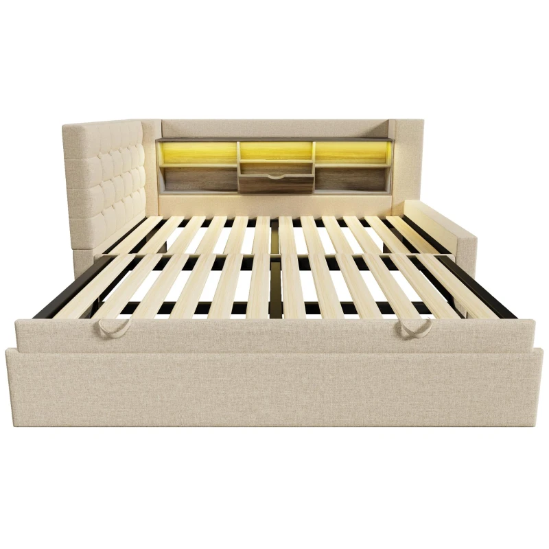 Convertible Daybed Trundle with Clever Storage and Sturdy Frame, Breathable Linen Sofa Bed with Integrated Charging, 204L x 107W x 88H cm, Beige
