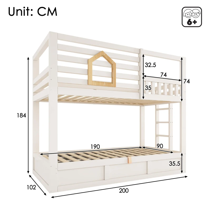 Children's Cabin Bunk Bed with Hydraulic Underbed Storage, Space‑Saving Bed Frame with Integrated Ladder, 200L x 102W x 184H cm, White