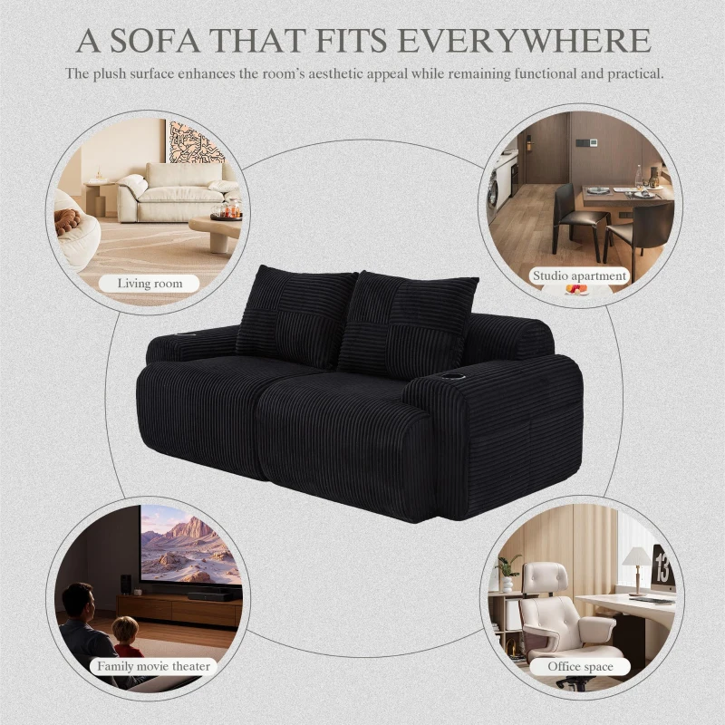Modular 2-Seater Sofa with Built-In Cup Holder and Side Storage Pocket, Ribbed Corduroy Couch with High-Density Foam, 200L x 99W x 80H cm, Black