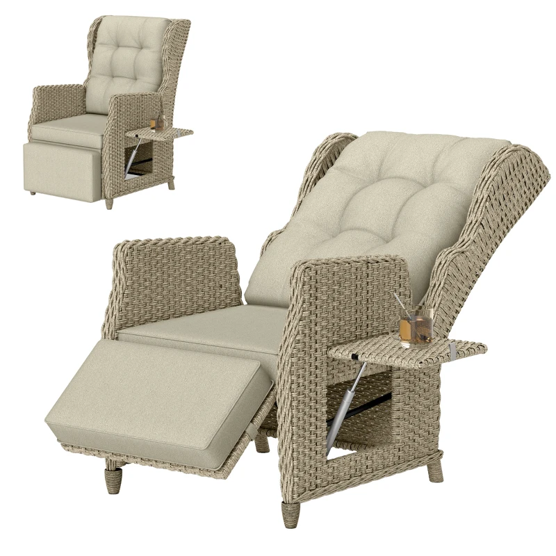 Outsunny Rattan Garden Recliner Chair, Reclining Garden Chair with Adjustable Back and Footrest, Flip Table, Cushion, Brown