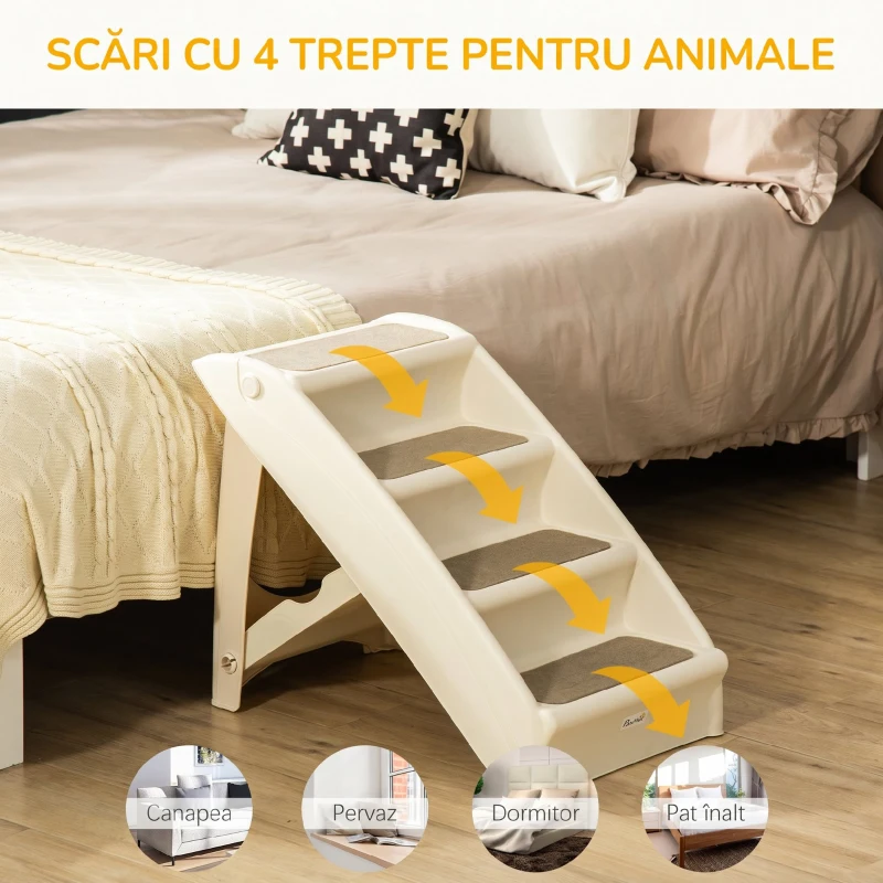 PawHut Scară pliabilă pentru câini, cu 4 trepte antiderapante, pentru animale până la 10 kg, bej