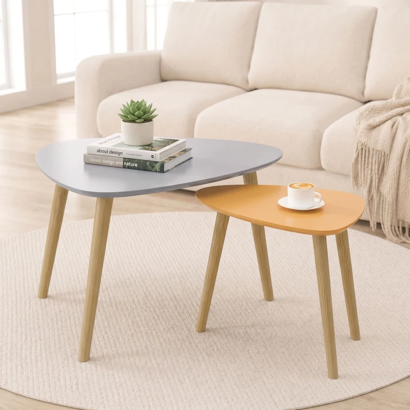 HOMCOM 2er-Set Beistelltische im skandinavischen Design mit Holzbeinen und Holzplatte, Grau und Gelb