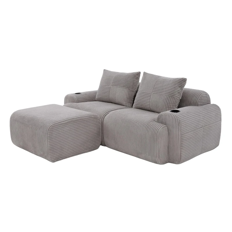 Modular 2-Seater Sofa with Foam-Filled Plush Seats, Light Grey Corduroy Couch with Built-In Cup Holder, 200L x 174W x 80H cm, Light Gray