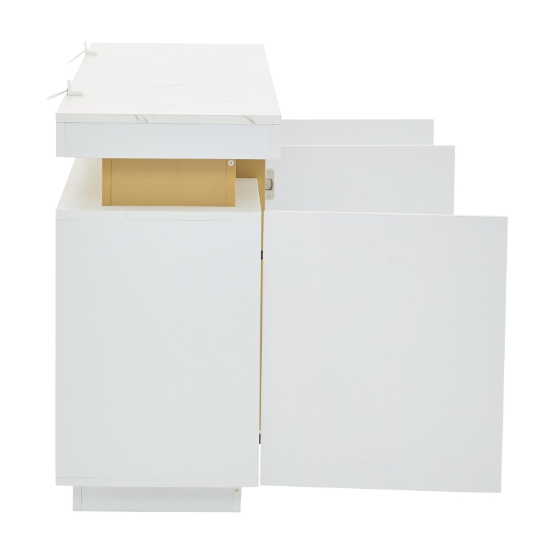 Modern Sideboard with Faux Marble Top and Anti-Tip Fixings, Luxury Storage Unit with Adjustable Shelves, 140L x 38W x 70H cm, White