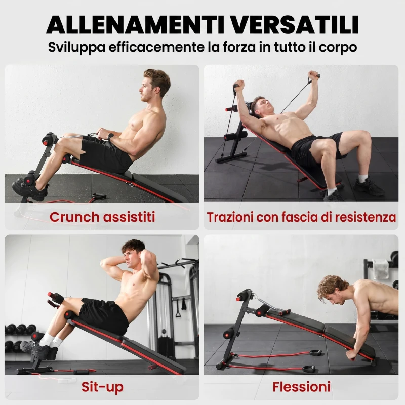 HOMCOM Panca per Addominali Pieghevole e Regolabile con Vogatore e 2 Corde, in Acciaio 51x137x50-66 cm, Nera e Rossa