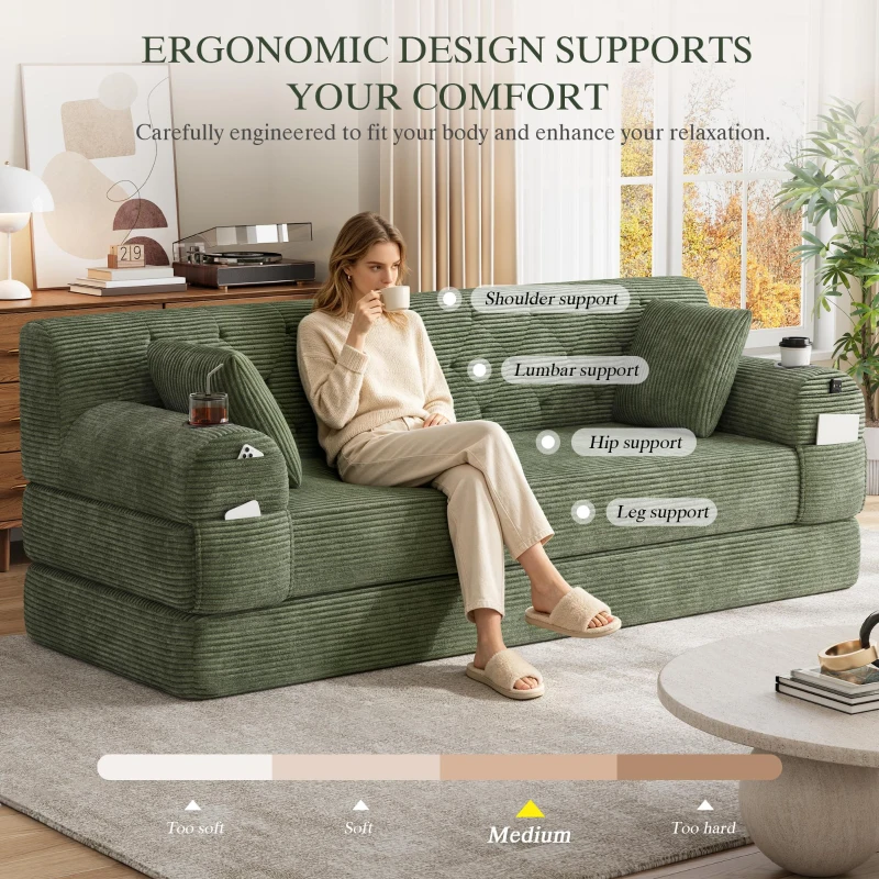 3-Seater Sleeper Sofa with Corduroy High-Back and High-Density Foam, Space-Saving Sofa Bed with 4 Side Pockets, 208L x 80W x 81H cm, Green
