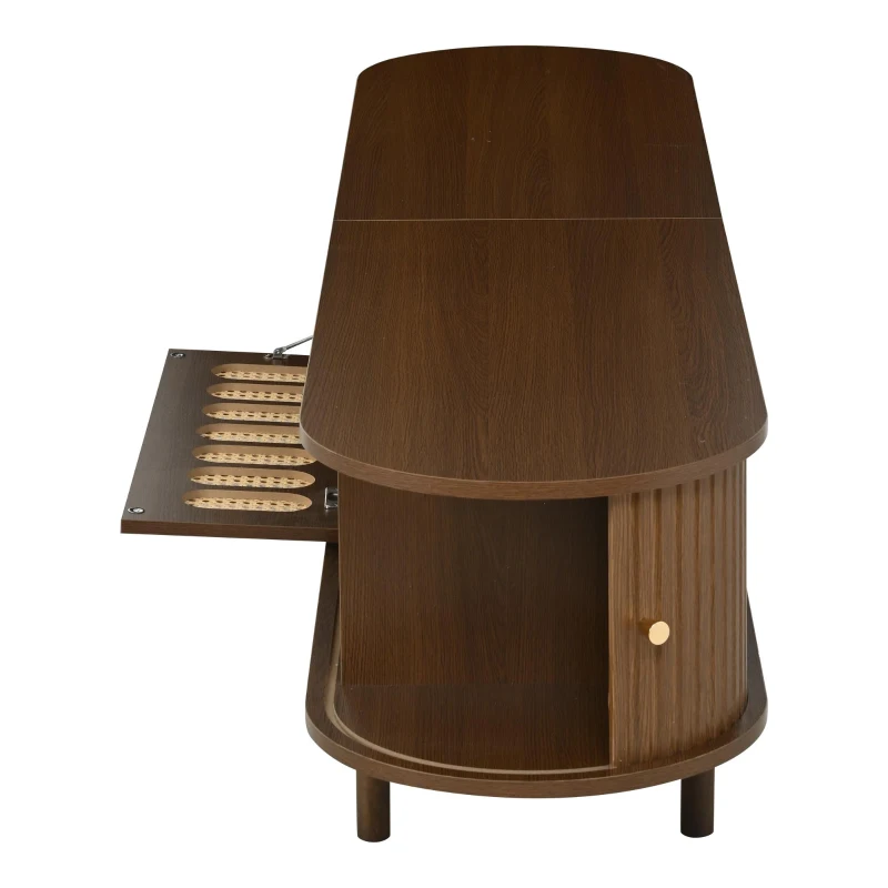 Oval TV Unit with Rattan-Effect Hinged Door, Sturdy Lowboard with 5 Enclosed Compartments, 180L x 40W x 40H cm, Walnut
