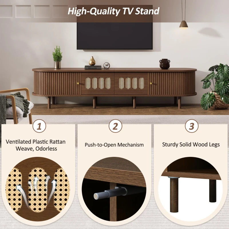 Modern TV Stand with 2 Rattan-Effect Drawers, Durable Media Unit with Large Storage, 180L x 40W x 40H cm, Walnut