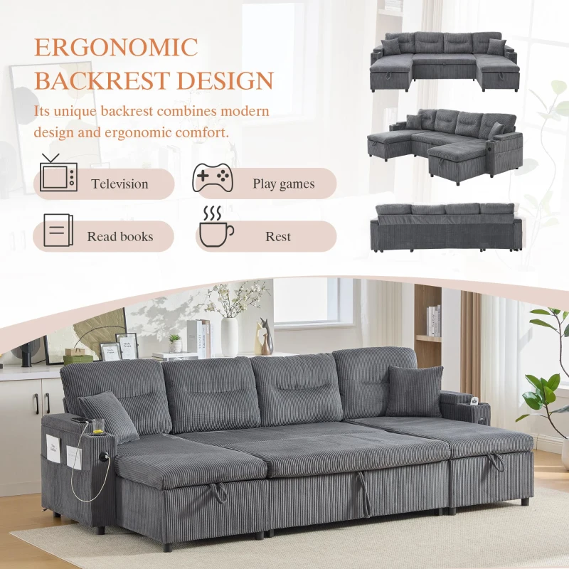 Contemporary 4-Seater Fabric Sofa with 2 Chaise Longues, Minimalist U-Shaped Couch with Integrated Cup Holders, 272L x 136W x 86H cm, Dark Gray