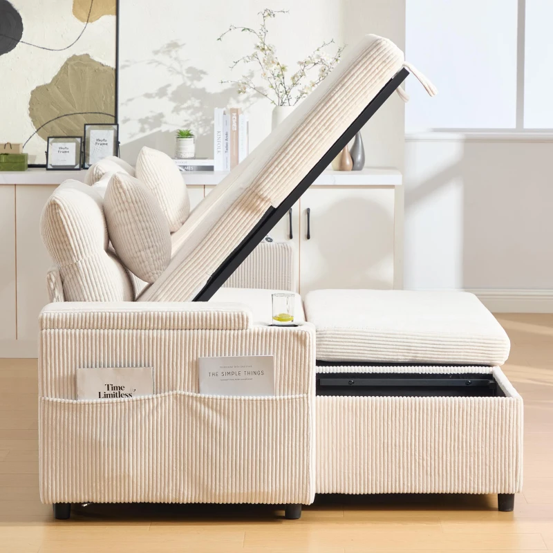 Contemporary 4-Seater Sofa with 2 Chaise Longues, Ribbed Corduroy Couch with Built-In Cup Holders, 272L x 136W x 86H cm, Beige
