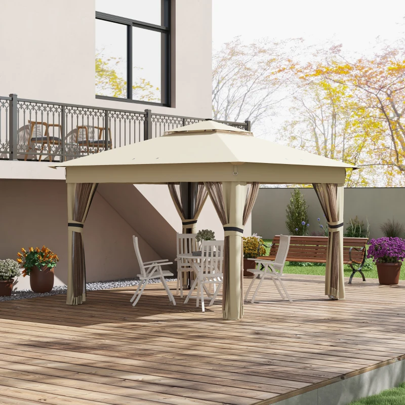 Outsunny Pavillon 3,3x3,3m Wasserabweisend Pop-up Faltpavillon mit LED, Doppeldach, Moskitonetz 4 Seitenteilen Tasche