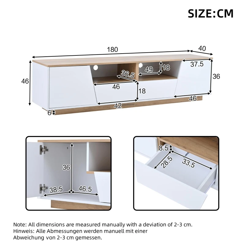 LED TV Stand with App-Controlled Ambient Lighting, Low-Profile TV Cabinet with Cable Management, 180L x 40W x 46H cm, White+Oak