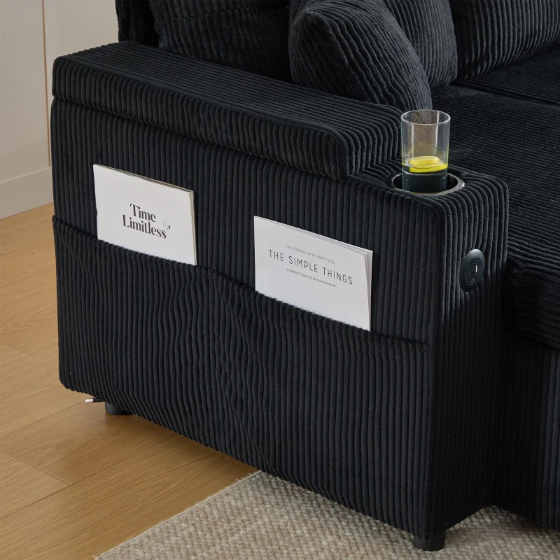 Contemporary 4-Seater Sofa with 2 Chaise Longues, Ribbed Corduroy Couch with Built-In Cup Holders, 272L x 136W x 86H cm, Black
